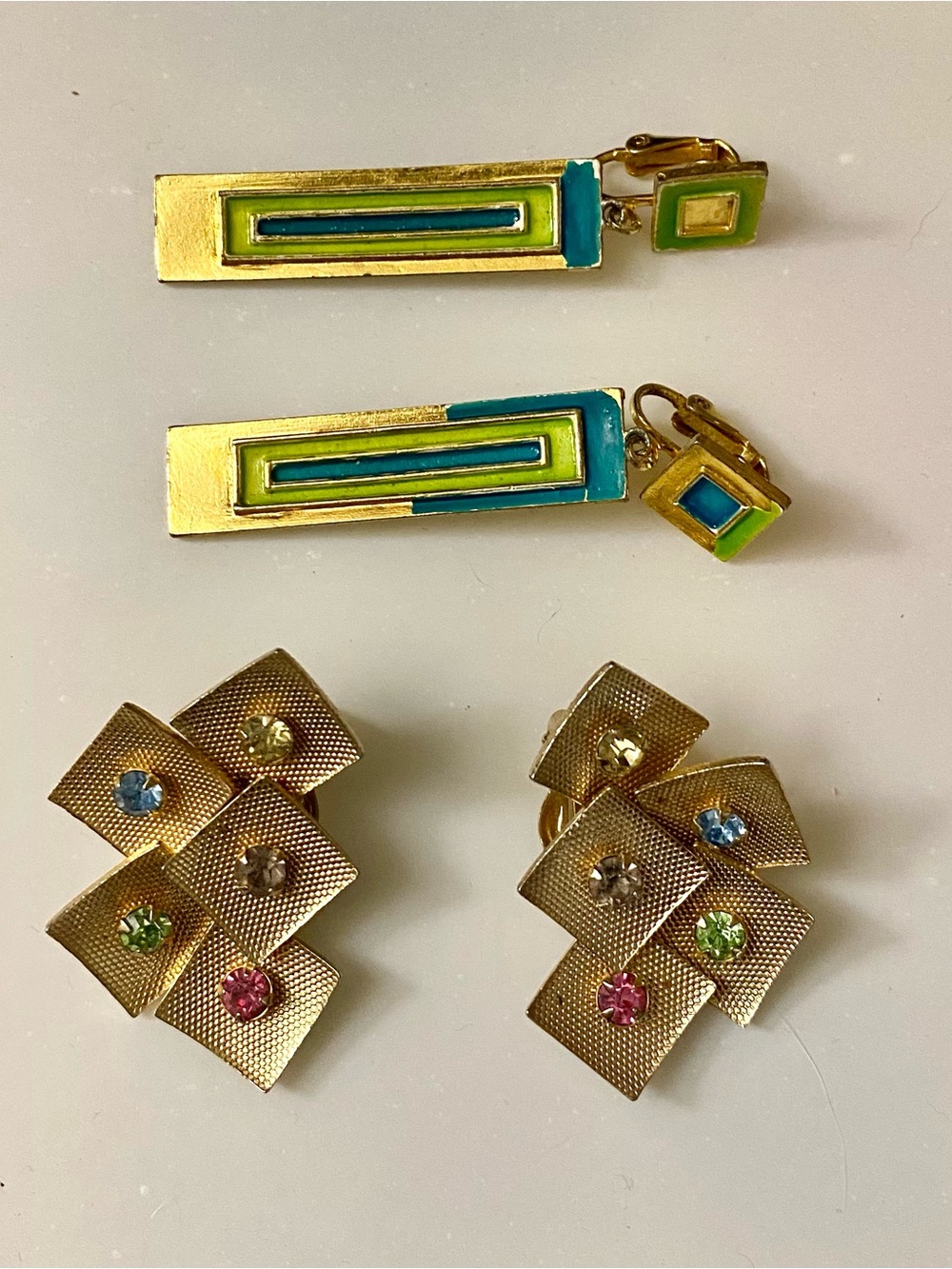 Two Art Deco Gold-Tone Multicolor Enamel Drop Clip Earrings - Green & Turquoise